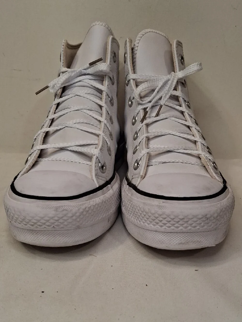 Converse Women's Leather White High Top Platform Sneakers with Black Stripe
